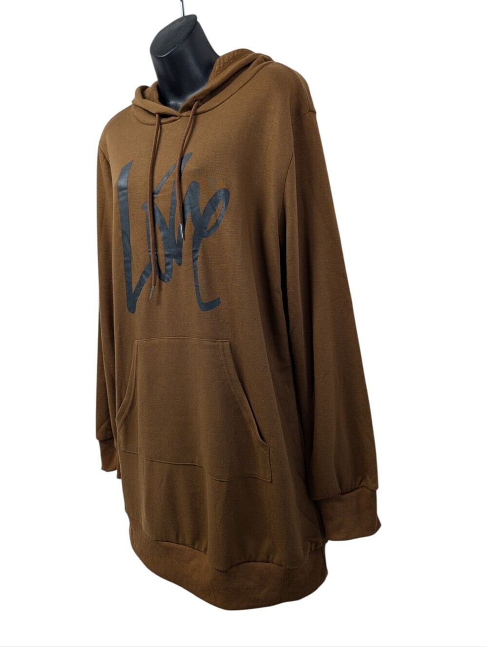 Pretty Garden Brown "Live" Script Hoodie L Long Pullover Sweatshirt Pocket NWT - Picture 4 of 8